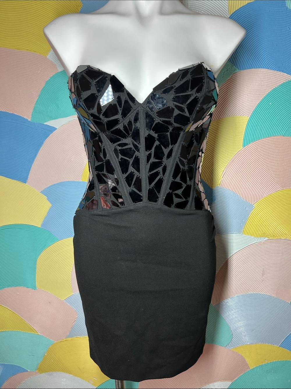 Sherri Hill Black Strapless Mosaic Sequin, reflective panels, sweetheart boning